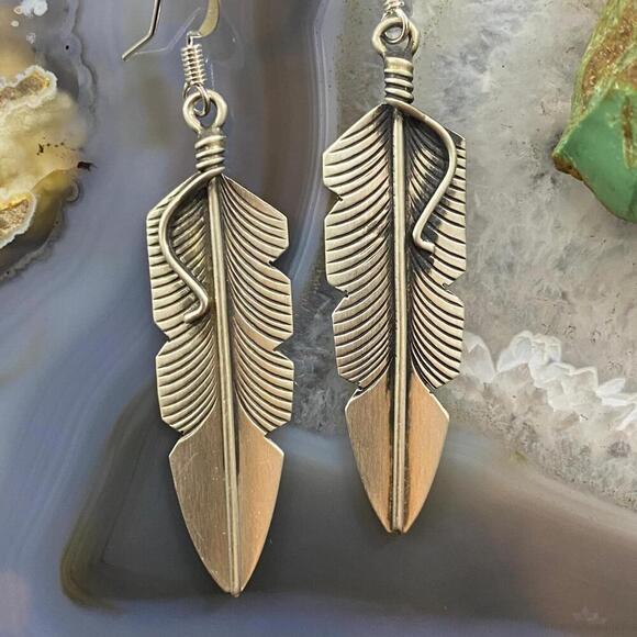Chris Charley Native American Sterling Silver Feather Dangle Earrings For Women - Picture 5 of 10